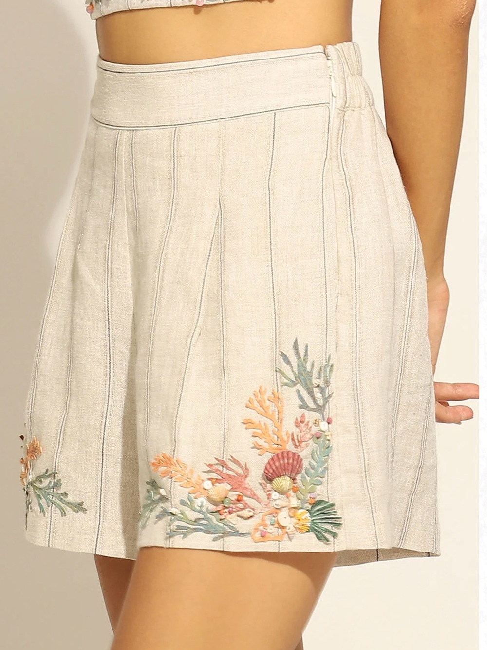 Ranna Gill Embroidered Seashell Linen shorts- Neutral